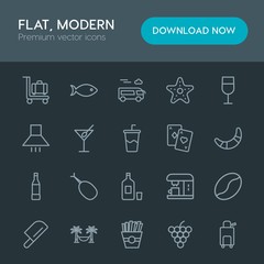 Modern Simple Set of food, drinks, travel Vector outline Icons. Contains such Icons as  meat,  steel, axe, food,  bean,  french,  luggage and more on dark background. Fully Editable. Pixel Perfect