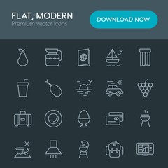 Modern Simple Set of food, drinks, travel Vector outline Icons. Contains such Icons as  empty,  road,  dinner,  map,  debit,  business, water and more on dark background. Fully Editable. Pixel Perfect
