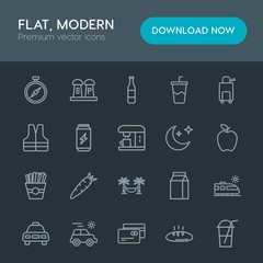 Modern Simple Set of food, drinks, travel Vector outline Icons. Contains such Icons as  vegetable,  cold,  debit,  travel, beverage,  white and more on dark background. Fully Editable. Pixel Perfect