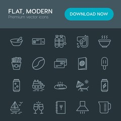Modern Simple Set of food, drinks, travel Vector outline Icons. Contains such Icons as  modern,  kitchen, scuba,  summer,  trip,  travel, can and more on dark background. Fully Editable. Pixel Perfect