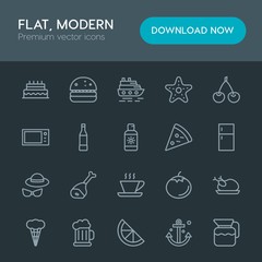 Modern Simple Set of food, drinks, travel Vector outline Icons. Contains such Icons as  steak,  nautical, chicken,  cruise,  poultry,  travel and more on dark background. Fully Editable. Pixel Perfect
