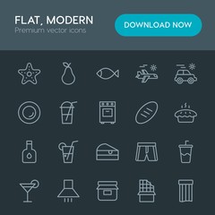 Modern Simple Set of food, drinks, travel Vector outline Icons. Contains such Icons as  organic,  fashion,  cocktail, aircraft,  dessert, jam and more on dark background. Fully Editable. Pixel Perfect