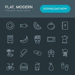 Modern Simple Set of food, drinks, travel Vector outline Icons. Contains such Icons as  bike,  hamburger, fashion,  fishing,  water,  bag and more on dark background. Fully Editable. Pixel Perfect