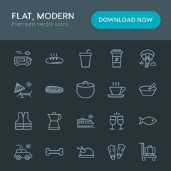 Modern Simple Set of food, drinks, travel Vector outline Icons. Contains such Icons as  equipment,  anatomy,  drink, fish,  fruit,  suitcase and more on dark background. Fully Editable. Pixel Perfect