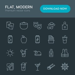 Modern Simple Set of food, drinks, travel Vector outline Icons. Contains such Icons as alcohol,  coffee, life,  casino,  game,  light,  deck and more on dark background. Fully Editable. Pixel Perfect