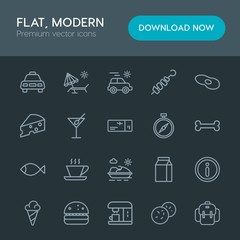 Modern Simple Set of food, drinks, travel Vector outline Icons. Contains such Icons as  message,  internet, taxi,  car,  vacation,  dinner and more on dark background. Fully Editable. Pixel Perfect