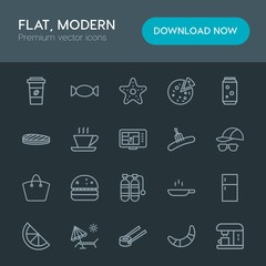 Modern Simple Set of food, drinks, travel Vector outline Icons. Contains such Icons as  cappuccino,  refrigerator,  freezer,  sweet,  chair and more on dark background. Fully Editable. Pixel Perfect