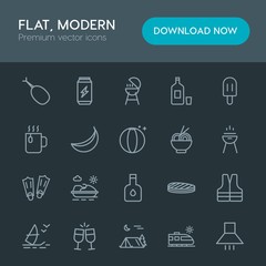 Modern Simple Set of food, drinks, travel Vector outline Icons. Contains such Icons as  surf,  grilled,  modern,  toast,  fried,  transport and more on dark background. Fully Editable. Pixel Perfect
