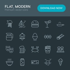 Modern Simple Set of food, drinks, travel Vector outline Icons. Contains such Icons as  alcohol,  hamburger,  drink,  cocktail,  sail,  ship and more on dark background. Fully Editable. Pixel Perfect