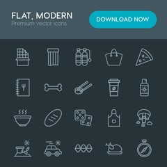 Modern Simple Set of food, drinks, travel Vector outline Icons. Contains such Icons as  paragliding,  cook, compass,  dinner,  dessert, beach and more on dark background. Fully Editable. Pixel Perfect