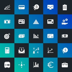 Modern Simple Set of business, money, charts Vector fill Icons. Contains such Icons as suitcase,  technology,  security,  bank and more on dark and gradient background. Fully Editable. Pixel Perfect.