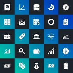 Modern Simple Set of business, money, charts Vector fill Icons. Contains such Icons as  security,  change,  market,  graphic and more on dark and gradient background. Fully Editable. Pixel Perfect.
