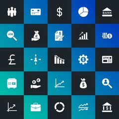 Modern Simple Set of business, money, charts Vector fill Icons. Contains such Icons as finance,  car,  briefcase,  group,  team and more on dark and gradient background. Fully Editable. Pixel Perfect.