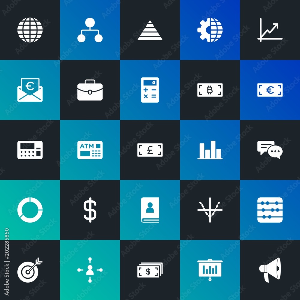 Poster modern simple set of business, money, charts vector fill icons. contains such icons as loudspeaker, 