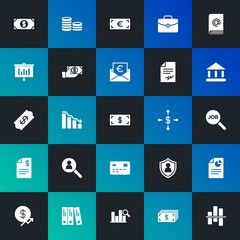 Modern Simple Set of business, money, charts Vector fill Icons. Contains such Icons as  payment,  cash,  chart,  banking, graph and more on dark and gradient background. Fully Editable. Pixel Perfect.