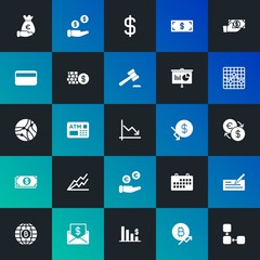 Modern Simple Set of business, money, charts Vector fill Icons. Contains such Icons as  graph,  sign, cash,  day, money, atm,  and more on dark and gradient background. Fully Editable. Pixel Perfect.