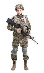 Female soldier with machine gun on white background. Military service