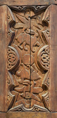 Fatimid era style engraved wooden panel decorated with animal based decorations inside geometric and floral patterns, Cairo, Egypt