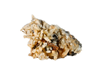 Macro shooting of natural gemstone. Raw mineral quartz. Isolated object on a white background.