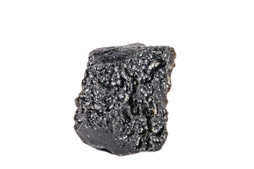Macro shooting of natural gemstone. Raw mineral tektite, China. Isolated object on a white background.