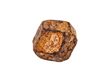 Macro shooting of natural gemstone. The raw mineral is garnet, Madagascar. Isolated object on a white background.