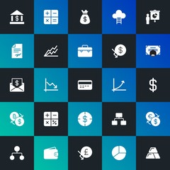 Modern Simple Set of business, money, charts Vector fill Icons. Contains such Icons as  structure,  decrease, suitcase, euro and more on dark and gradient background. Fully Editable. Pixel Perfect.