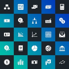 Modern Simple Set of business, money, charts Vector fill Icons. Contains such Icons as  report, bitcoin, bank,  square,  credit and more on dark and gradient background. Fully Editable. Pixel Perfect.
