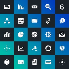 Modern Simple Set of business, money, charts Vector fill Icons. Contains such Icons as  payment,  usd,  job,  invoice,  diagram and more on dark and gradient background. Fully Editable. Pixel Perfect.
