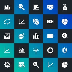 Modern Simple Set of business, money, charts Vector fill Icons. Contains such Icons as  investment,  bar,  information,  data and more on dark and gradient background. Fully Editable. Pixel Perfect.