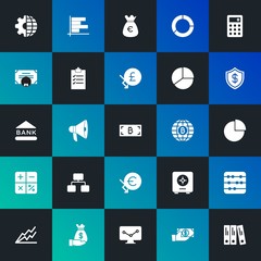 Modern Simple Set of business, money, charts Vector fill Icons. Contains such Icons as  growth,  speaker, calculator, abacus and more on dark and gradient background. Fully Editable. Pixel Perfect.