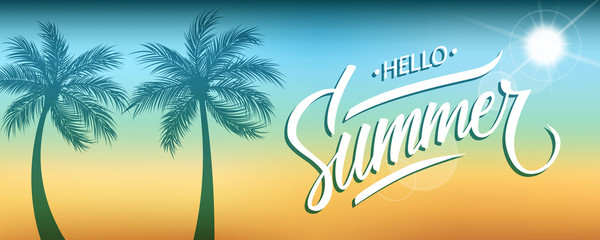Hello Summer banner. Hand drawn lettering text design on blurred summer beach background. Vector illustration.