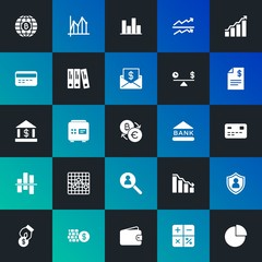Modern Simple Set of business, money, charts Vector fill Icons. Contains such Icons as  data,  online, business,  currency and more on dark and gradient background. Fully Editable. Pixel Perfect.
