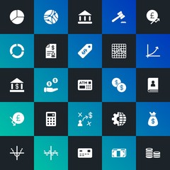 Modern Simple Set of business, money, charts Vector fill Icons. Contains such Icons as  pay,  car, sack, money,  card,  finance and more on dark and gradient background. Fully Editable. Pixel Perfect.