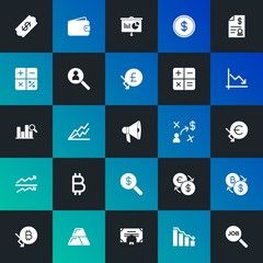 Modern Simple Set of business, money, charts Vector fill Icons. Contains such Icons as  exchange,  wealth,  job, business,  bar and more on dark and gradient background. Fully Editable. Pixel Perfect.