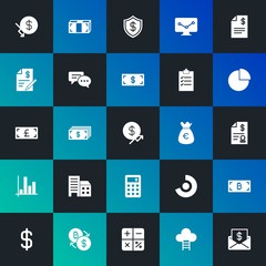 Modern Simple Set of business, money, charts Vector fill Icons. Contains such Icons as calculator,  graphic,  money,  high and more on dark and gradient background. Fully Editable. Pixel Perfect.