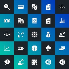 Modern Simple Set of business, money, charts Vector fill Icons. Contains such Icons as  high, diagram, money,  usd,  search and more on dark and gradient background. Fully Editable. Pixel Perfect.