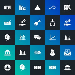 Modern Simple Set of business, money, charts Vector fill Icons. Contains such Icons as  folder,  graph, euro,  paper,  money and more on dark and gradient background. Fully Editable. Pixel Perfect.