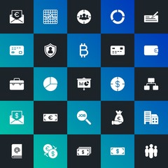 Modern Simple Set of business, money, charts Vector fill Icons. Contains such Icons as  building,  investment,  group,  money and more on dark and gradient background. Fully Editable. Pixel Perfect.