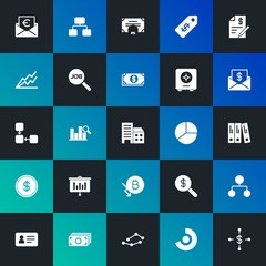 Modern Simple Set of business, money, charts Vector fill Icons. Contains such Icons as diploma,  card,  finance,  data, diagram and more on dark and gradient background. Fully Editable. Pixel Perfect.