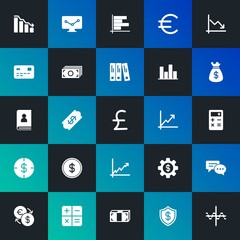 Modern Simple Set of business, money, charts Vector fill Icons. Contains such Icons as finance,  chart, diagram,  credit,  bar and more on dark and gradient background. Fully Editable. Pixel Perfect.