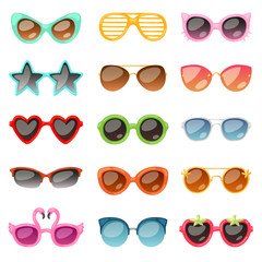Glasses vector cartoon eyeglasses or sunglasses in stylish shapes for party and fashion optical spectacles set of eyesight view accessories illustration isolated on white background - 202289063