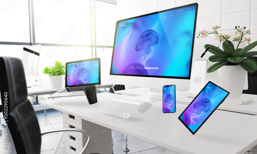 Wall mural devices floating on mid air mockup showing responsive website