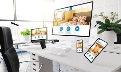 devices floating on mid air mockup showing booking room website