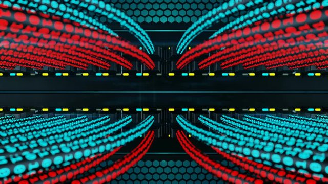 3D animation of Binary data transferring on UTP cables to and from network switch. Status LEDs and optical flares flashes on a network equipment and stream of data moving, seamless loop