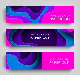 Paper cut set horizontal banners vector background. Paper art is violet and blue colors. Square template with paper figures. Bright modern design for poster, flyer, poster, postcard