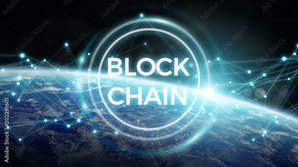 Poster Blockchain on planet Earth 3D rendering
