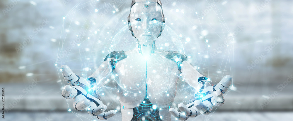 Poster white woman robot using digital screen interface 3d rendering