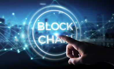 Businessman using blockchain cryptocurrency interface 3D rendering
