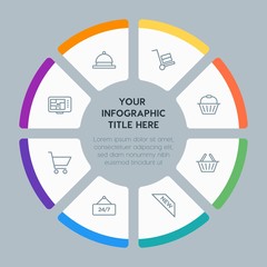 Circle chart hotel, shopping, travel infographic template with 8 options for presentations, advertising, annual reports