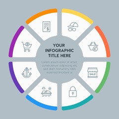Circle chart hotel, shopping, travel infographic template with 8 options for presentations, advertising, annual reports
